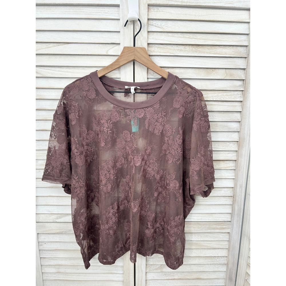 NEW Maurices Floral Lace Top 2X Mauve Pink Sheer Short Sleeve Crewneck Boxy